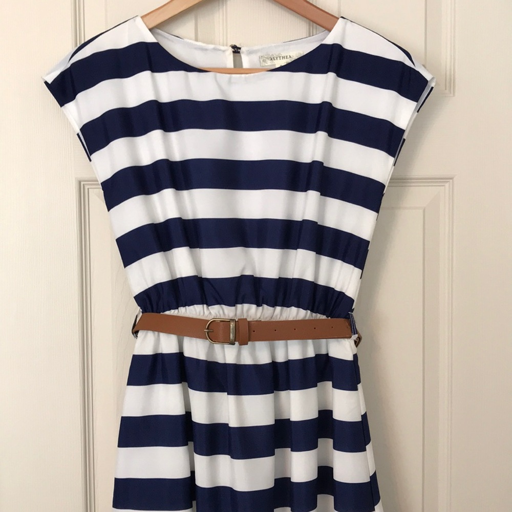 Alythea Navy Blue & White Striped Belted Dress